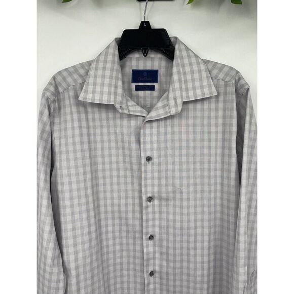 David Donahue Long Sleeve Button Up Dress Shirt Size 16.5 32/33 Grey White Check - Picture 1 of 6